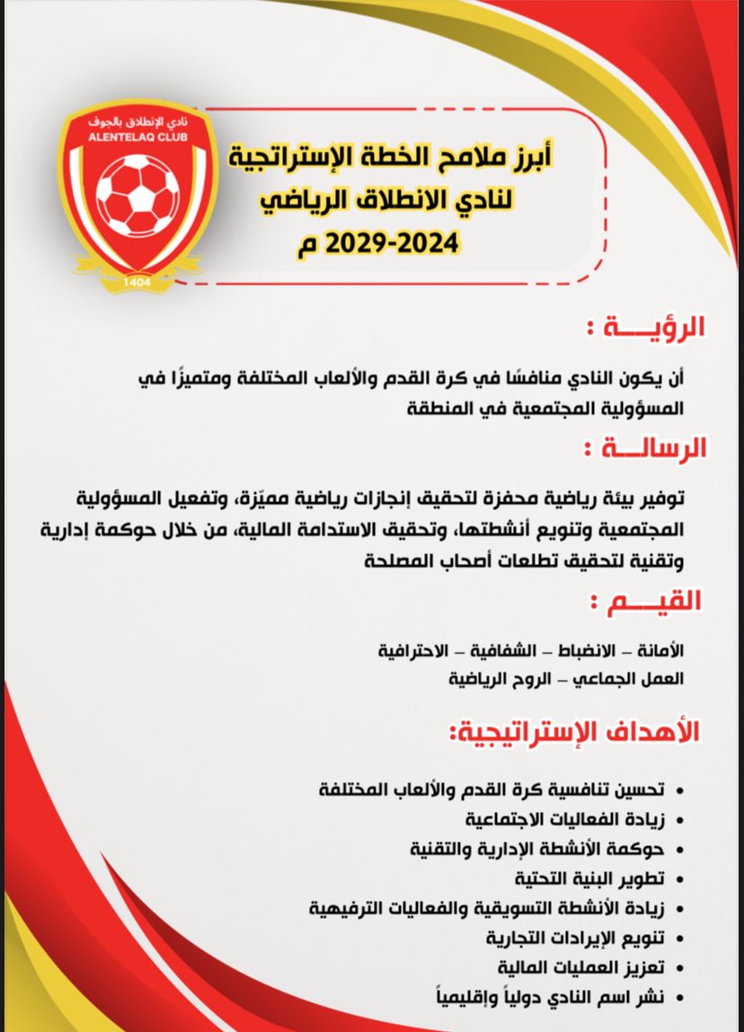 ابرز ملامح الخطة الاستراتيجية لنادي الانطلاق 2029/2024
